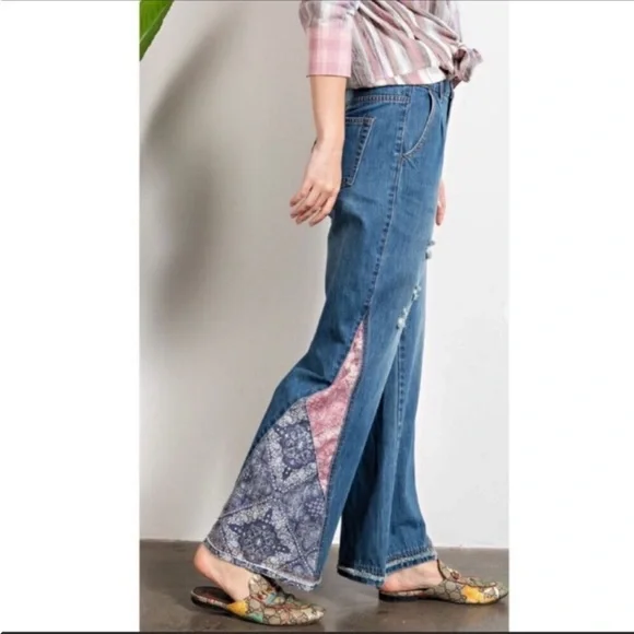 Patchwork Boho Flare Wide Leg Light Washed Denim Jeans - Picture 3 of 8